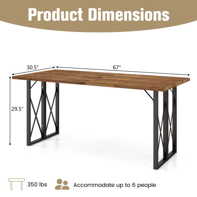 67 Inch Outdoor Rectangle Dining Table Patio Acacia Wood Slatted Tabletop with Umbrella Hole