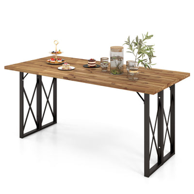 67 Inch Outdoor Rectangle Dining Table Patio Acacia Wood Slatted Tabletop with Umbrella Hole