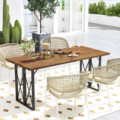 67 Inch Outdoor Rectangle Dining Table Patio Acacia Wood Slatted Tabletop with Umbrella Hole