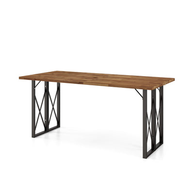 67 Inch Outdoor Rectangle Dining Table Patio Acacia Wood Slatted Tabletop with Umbrella Hole