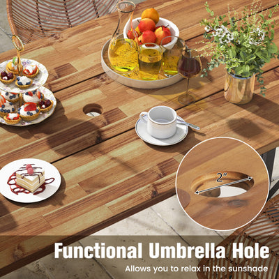 67 Inch Outdoor Rectangle Dining Table Patio Acacia Wood Slatted Tabletop with Umbrella Hole