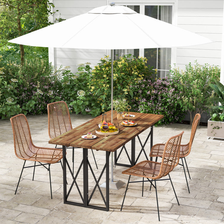 67 Inch Outdoor Rectangle Dining Table Patio Acacia Wood Slatted Tabletop with Umbrella Hole