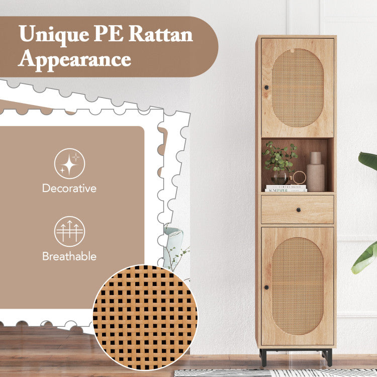 67 Inch Tall Bathroom Cabinet PE Rattan Floor Cabinet with 2 Doors