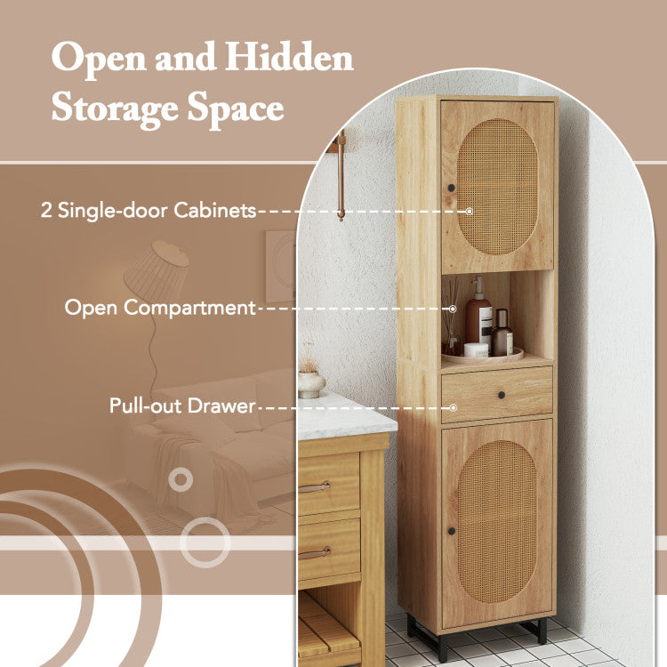 67 Inch Tall Bathroom Cabinet PE Rattan Floor Cabinet with 2 Doors