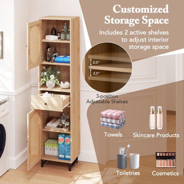 67 Inch Tall Bathroom Cabinet PE Rattan Floor Cabinet with 2 Doors