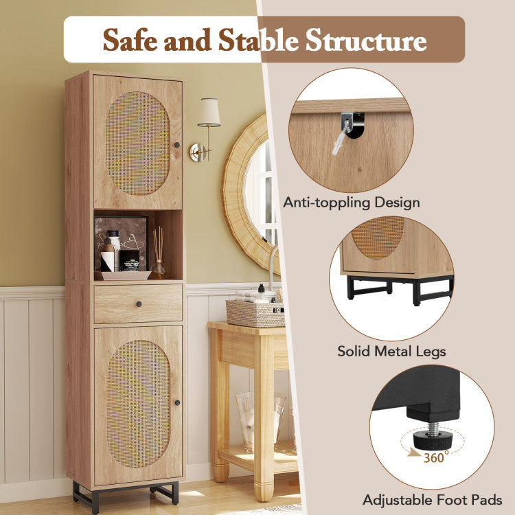 67 Inch Tall Bathroom Cabinet PE Rattan Floor Cabinet with 2 Doors