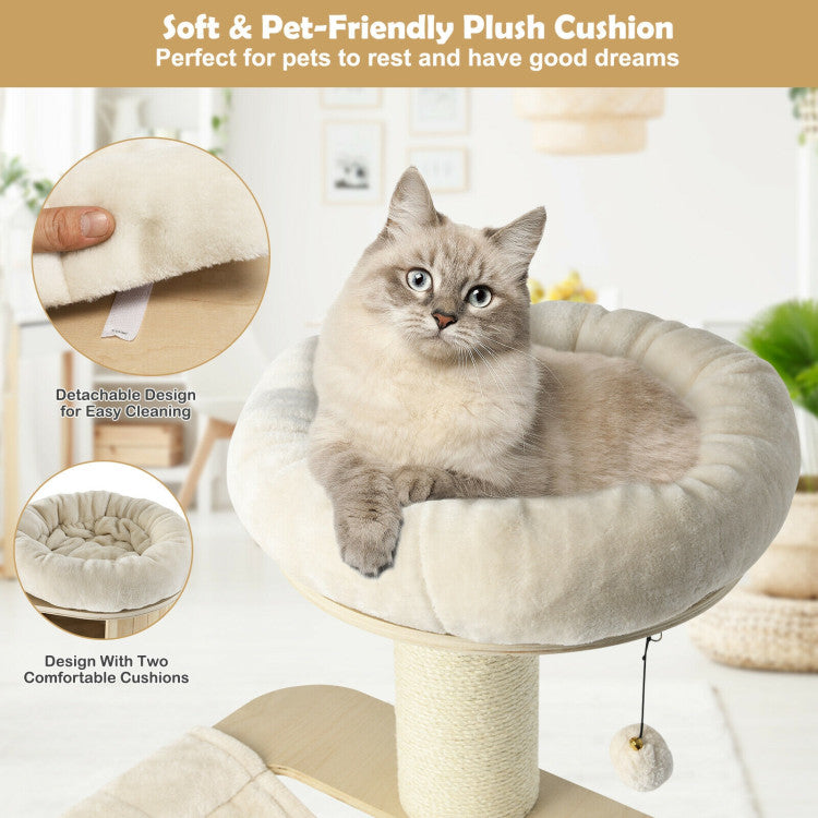 68.5 Inch Modern Wood Cat Tree 4-Layer Wooden Cat House Cat Condo Activity Tower with Dangling Balls and Sisal Posts