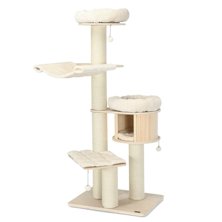 68.5 Inch Modern Wood Cat Tree 4-Layer Wooden Cat House Cat Condo Activity Tower with Dangling Balls and Sisal Posts