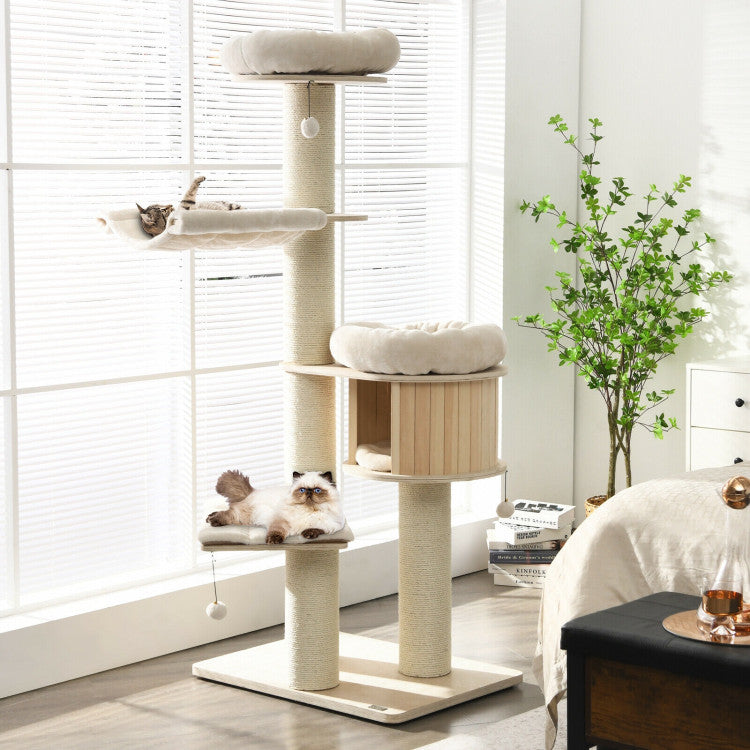 68.5 Inch Modern Wood Cat Tree 4-Layer Wooden Cat House Cat Condo Activity Tower with Dangling Balls and Sisal Posts
