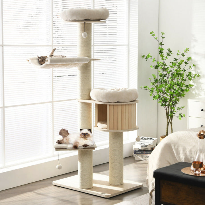 68.5 Inch Modern Wood Cat Tree 4-Layer Wooden Cat House Cat Condo Activity Tower with Dangling Balls and Sisal Posts
