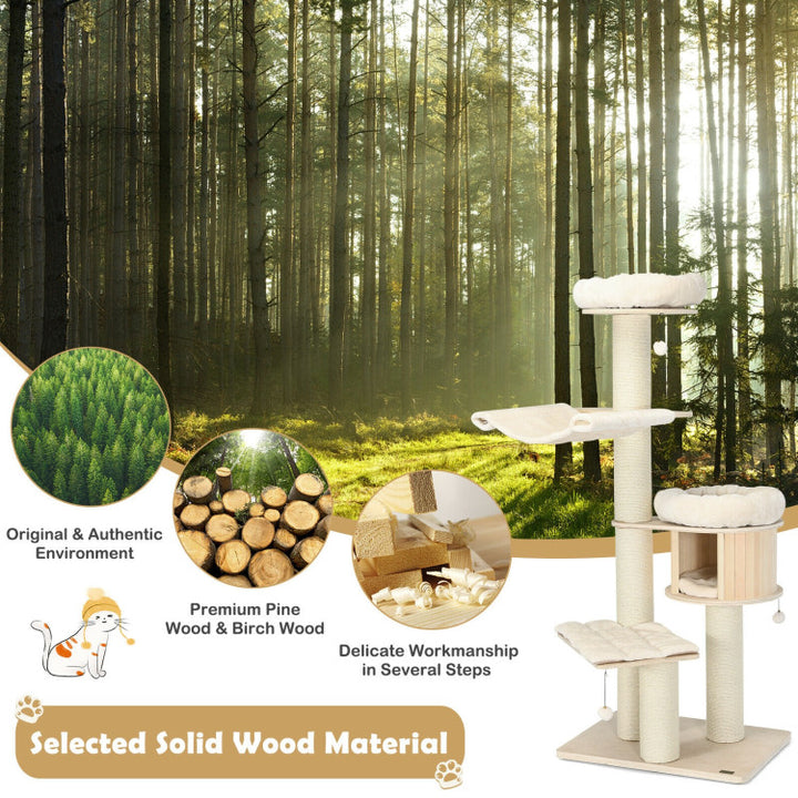 68.5 Inch Modern Wood Cat Tree 4-Layer Wooden Cat House Cat Condo Activity Tower with Dangling Balls and Sisal Posts