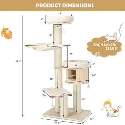 68.5 Inch Modern Wood Cat Tree 4-Layer Wooden Cat House Cat Condo Activity Tower with Dangling Balls and Sisal Posts