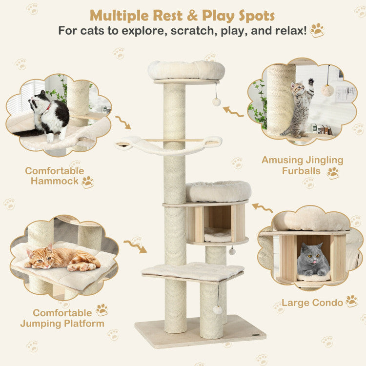68.5 Inch Modern Wood Cat Tree 4-Layer Wooden Cat House Cat Condo Activity Tower with Dangling Balls and Sisal Posts