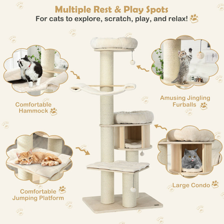 68.5 Inch Modern Wood Cat Tree 4-Layer Wooden Cat House Cat Condo Activity Tower with Dangling Balls and Sisal Posts