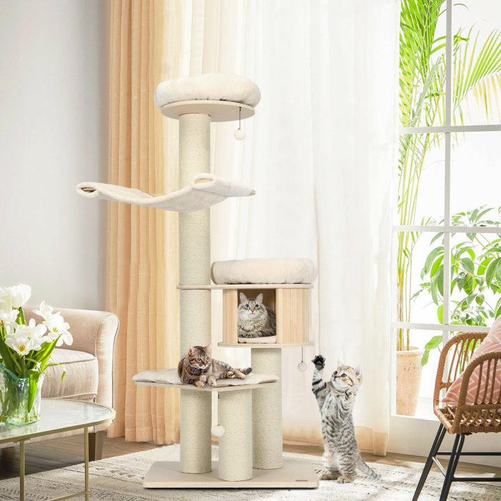 68.5 Inch Modern Wood Cat Tree 4-Layer Wooden Cat House Cat Condo Activity Tower with Dangling Balls and Sisal Posts