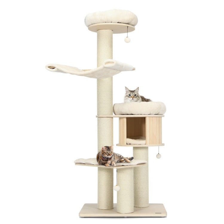 68.5 Inch Modern Wood Cat Tree 4-Layer Wooden Cat House Cat Condo Activity Tower with Dangling Balls and Sisal Posts