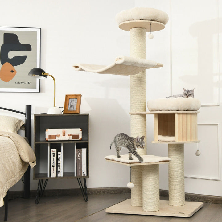 68.5 Inch Modern Wood Cat Tree 4-Layer Wooden Cat House Cat Condo Activity Tower with Dangling Balls and Sisal Posts