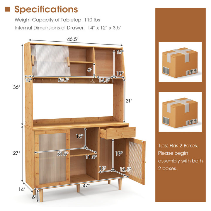 69 Inch Freestanding Kitchen Pantry Hutch Multifunctional Storage Cabinet Sideboard with Sliding Tempered Glass and Countertop