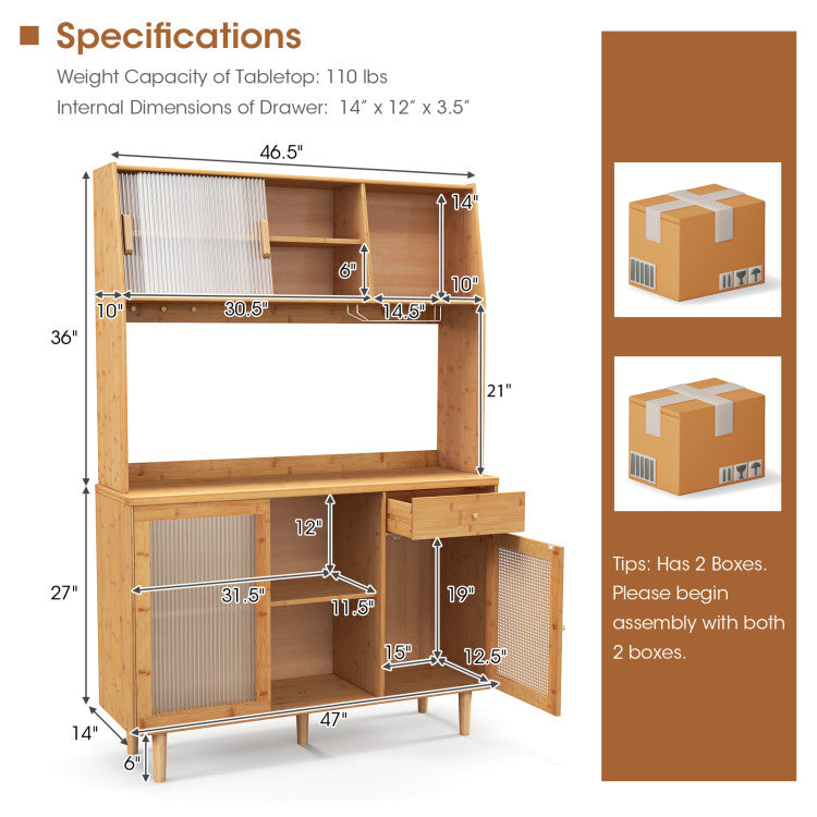 69 Inch Freestanding Kitchen Pantry Hutch Multifunctional Storage Cabinet Sideboard with Sliding Tempered Glass and Countertop