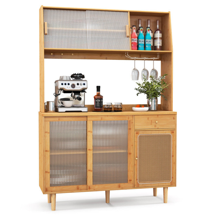 69 Inch Freestanding Kitchen Pantry Hutch Multifunctional Storage Cabinet Sideboard with Sliding Tempered Glass and Countertop