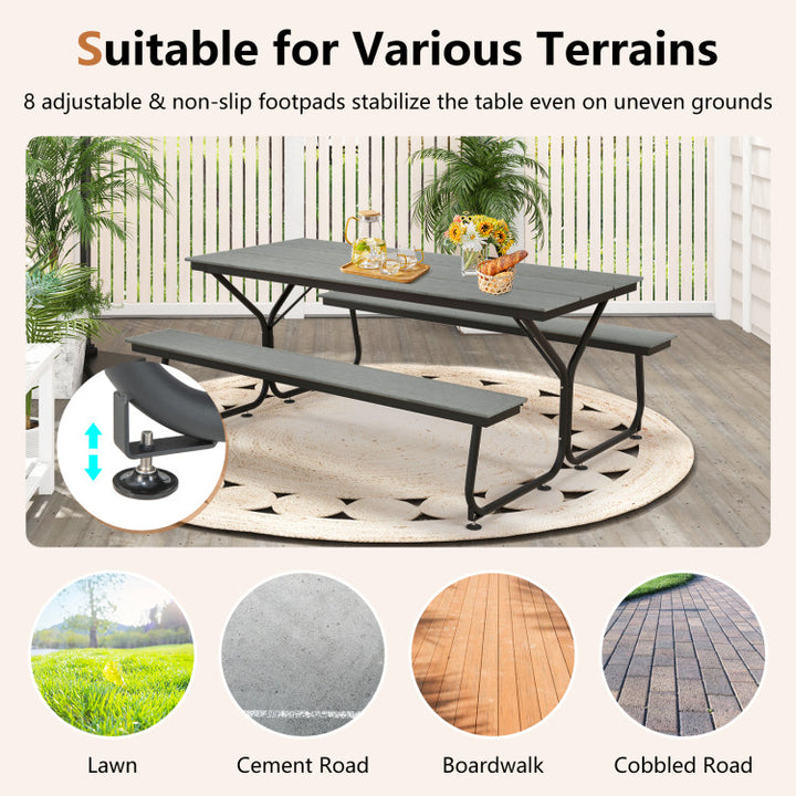 6 FT Outdoor Picnic Table Bench Set Patio Conversation Set with Umbrella Hole and HDPE Tabletop for 6-8 People