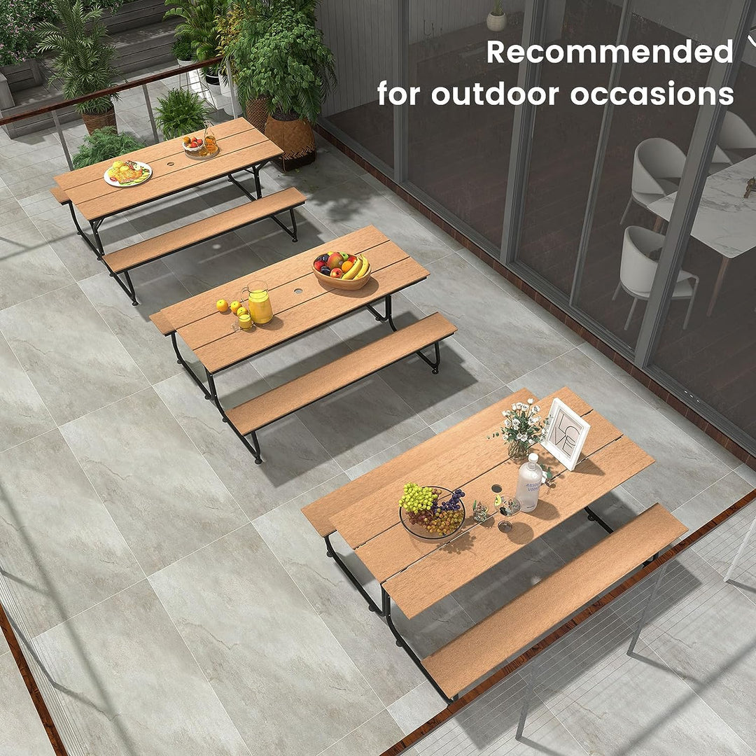 6 FT Outdoor Picnic Table Bench Set Patio Conversation Set with Umbrella Hole and HDPE Tabletop for 6-8 People