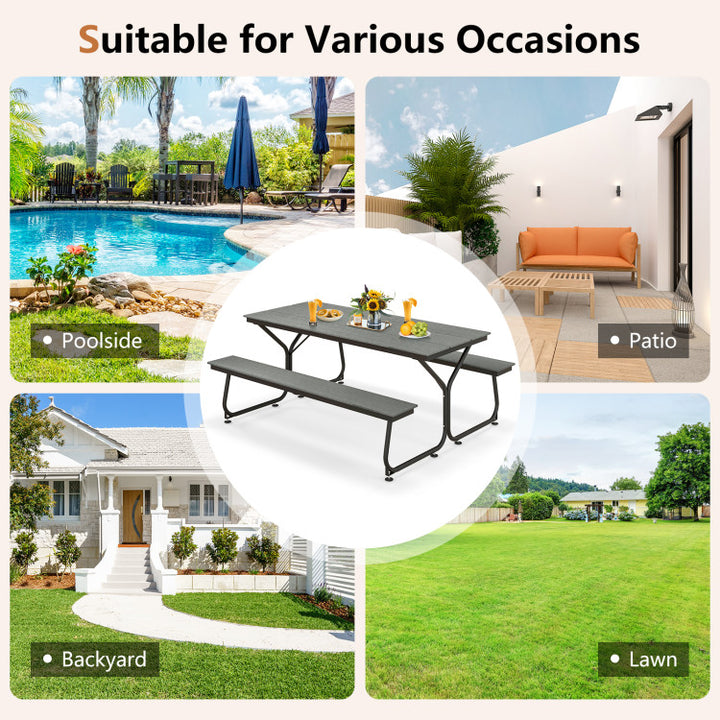 6 FT Outdoor Picnic Table Bench Set Patio Conversation Set with Umbrella Hole and HDPE Tabletop for 6-8 People