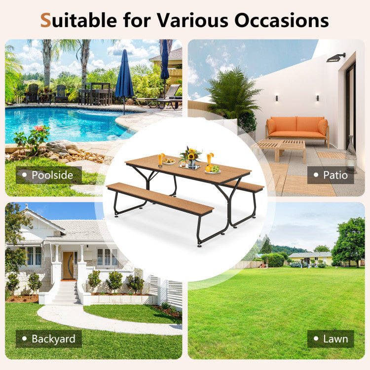 6 FT Outdoor Picnic Table Bench Set Patio Conversation Set with Umbrella Hole and HDPE Tabletop for 6-8 People