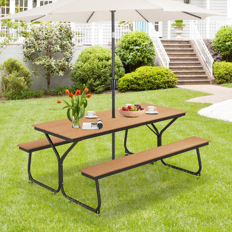 6 FT Outdoor Picnic Table Bench Set Patio Conversation Set with Umbrella Hole and HDPE Tabletop for 6-8 People