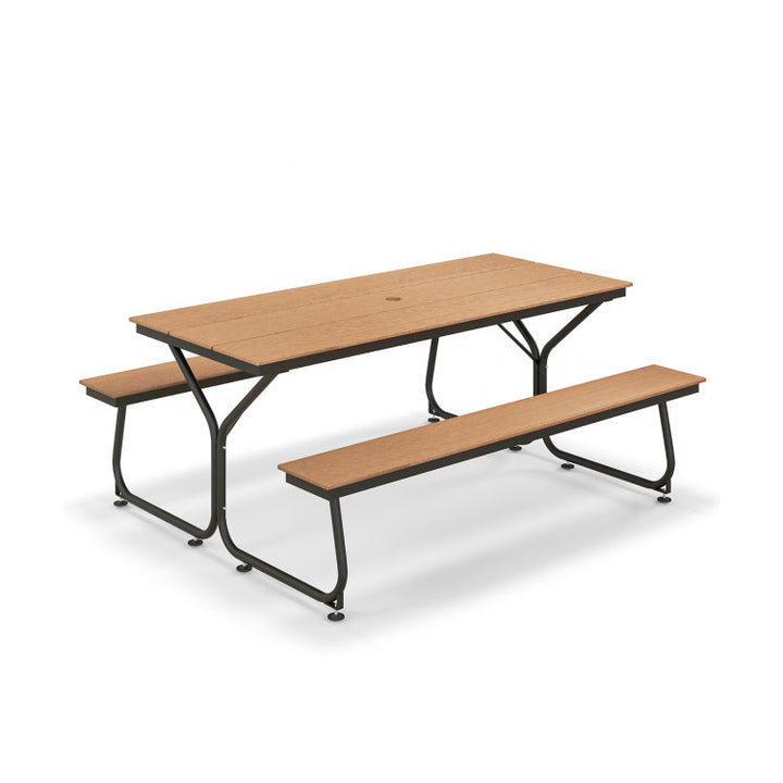 6 FT Outdoor Picnic Table Bench Set Patio Conversation Set with Umbrella Hole and HDPE Tabletop for 6-8 People