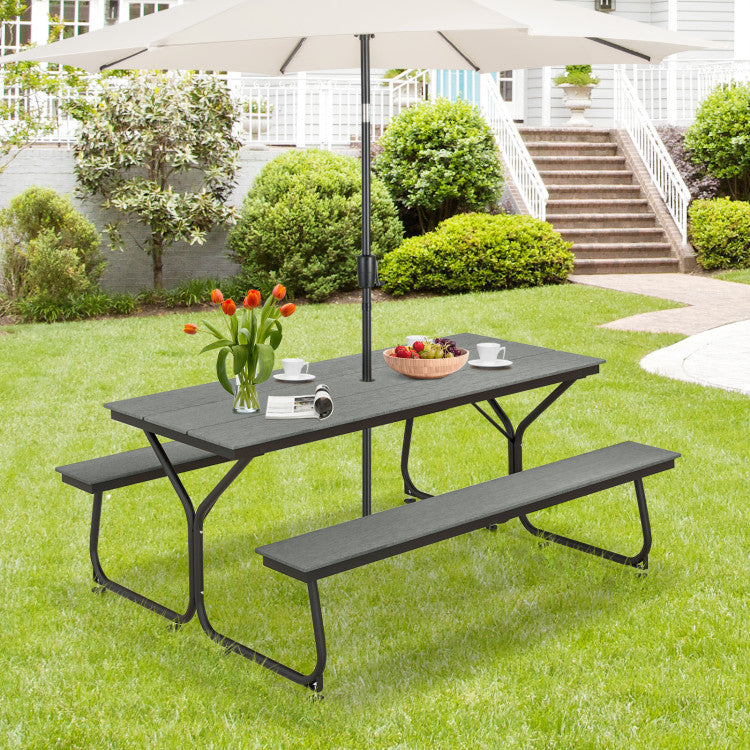 6 FT Outdoor Picnic Table Bench Set Patio Conversation Set with Umbrella Hole and HDPE Tabletop for 6-8 People