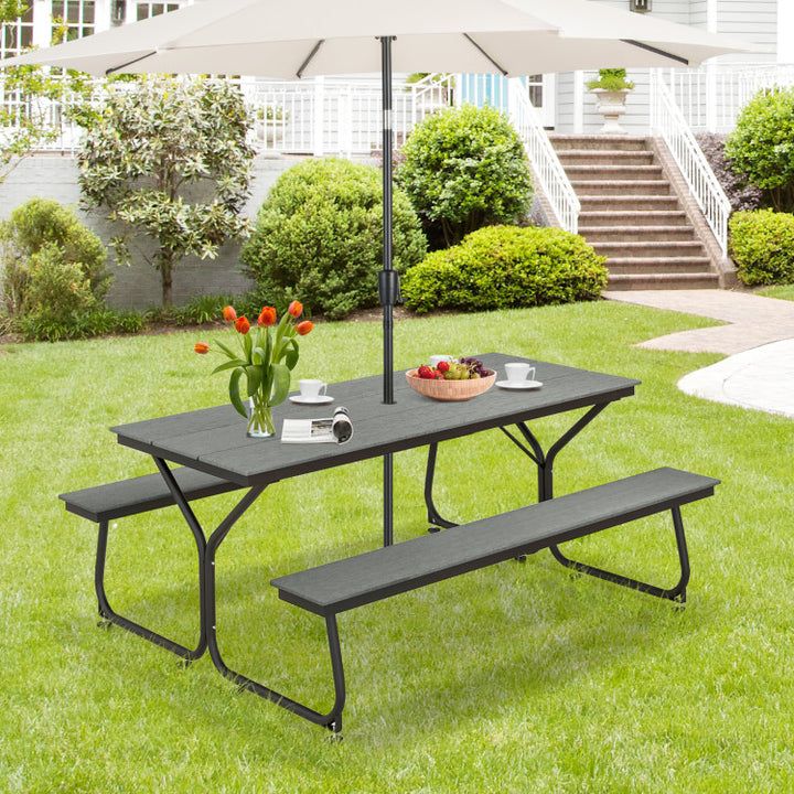 6 FT Outdoor Picnic Table Bench Set Patio Conversation Set with Umbrella Hole and HDPE Tabletop for 6-8 People