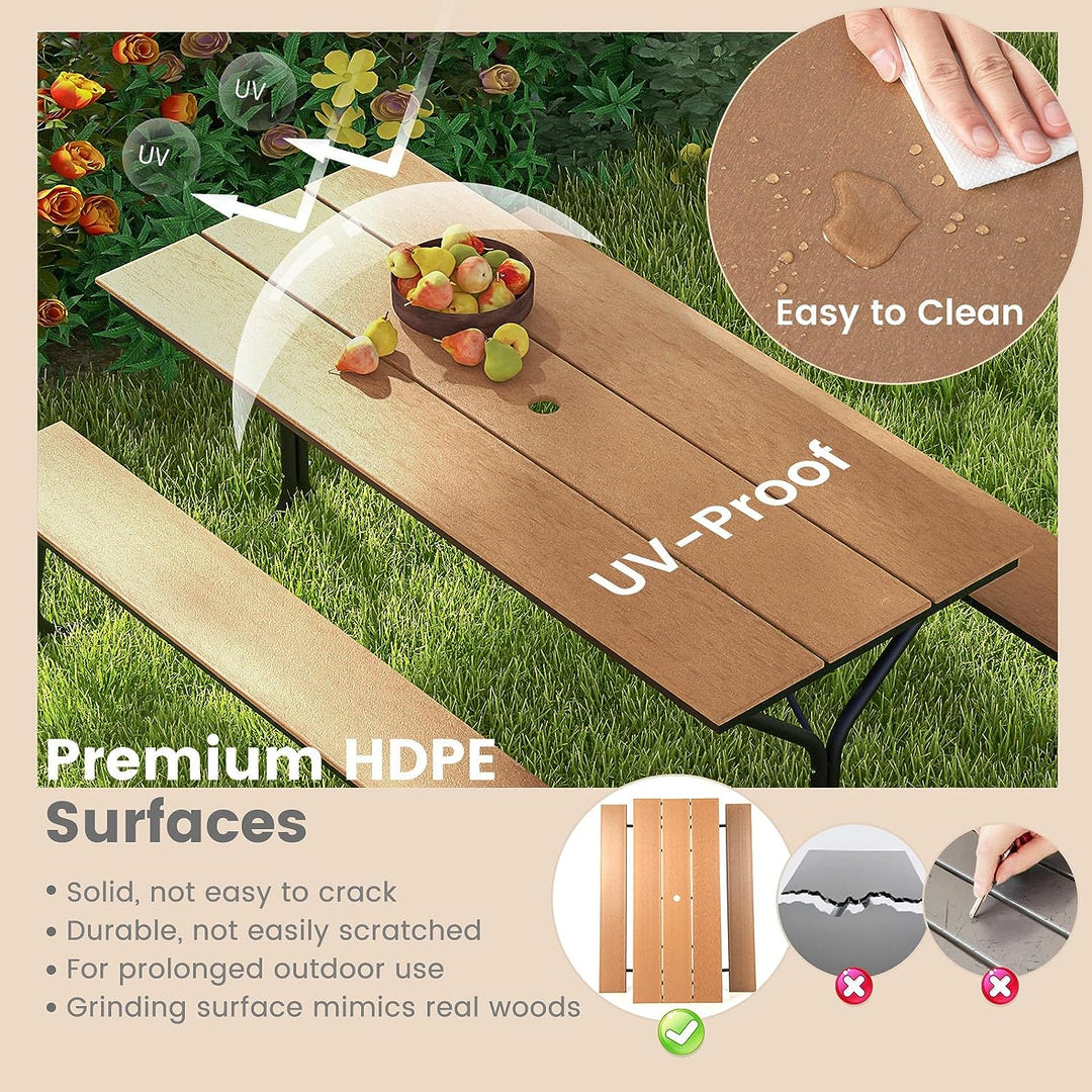 6 FT Outdoor Picnic Table Bench Set Patio Conversation Set with Umbrella Hole and HDPE Tabletop for 6-8 People