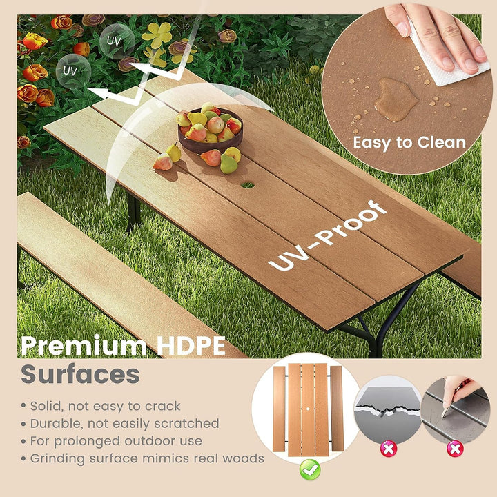 6 FT Outdoor Picnic Table Bench Set Patio Conversation Set with Umbrella Hole and HDPE Tabletop for 6-8 People