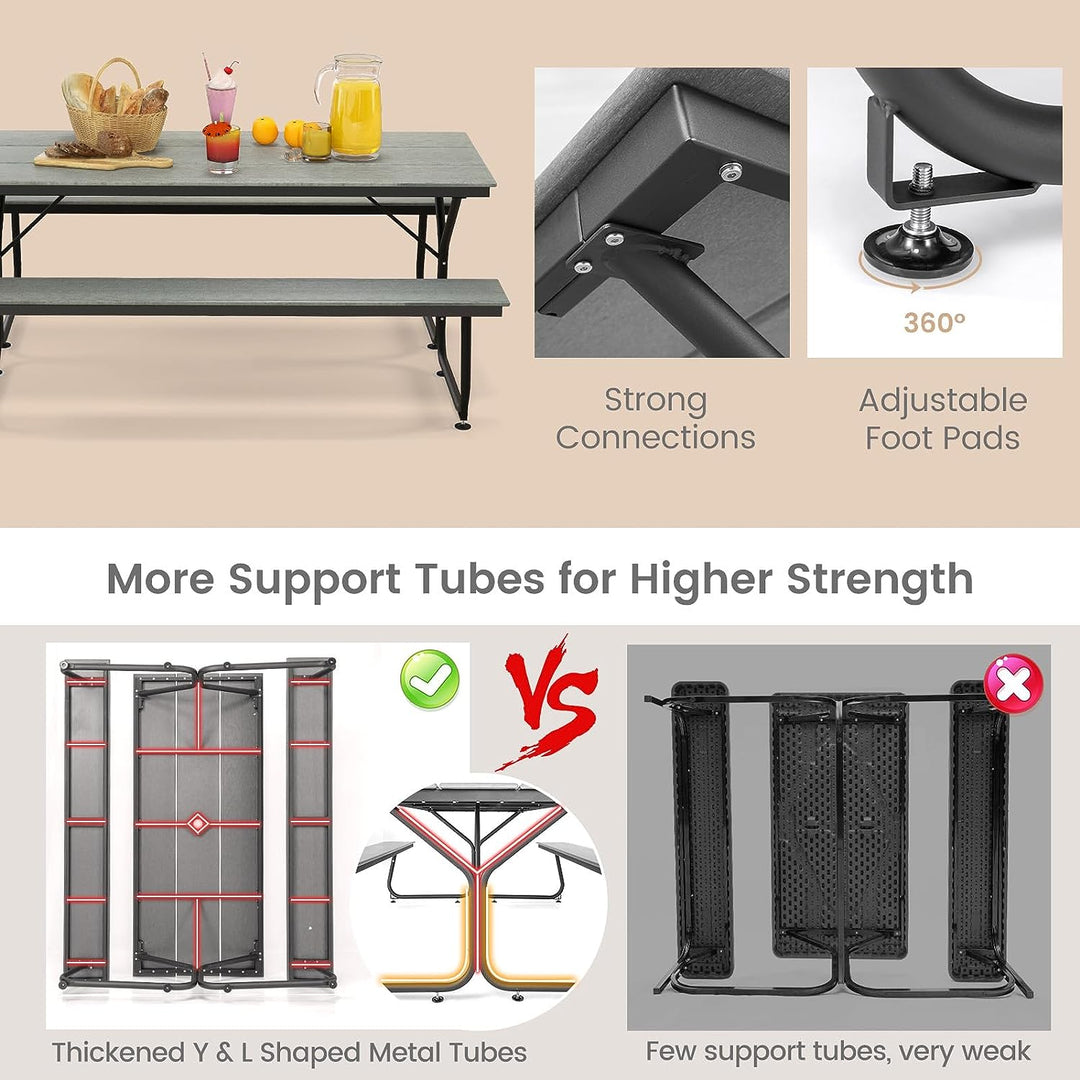 6 FT Outdoor Picnic Table Bench Set Patio Conversation Set with Umbrella Hole and HDPE Tabletop for 6-8 People