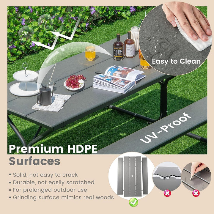 6 FT Outdoor Picnic Table Bench Set Patio Conversation Set with Umbrella Hole and HDPE Tabletop for 6-8 People