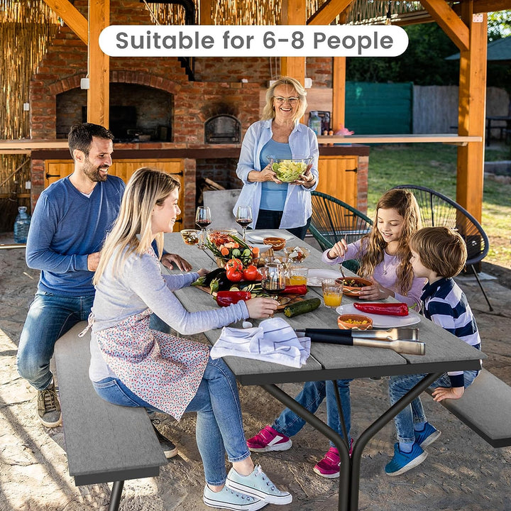 6 FT Outdoor Picnic Table Bench Set Patio Conversation Set with Umbrella Hole and HDPE Tabletop for 6-8 People
