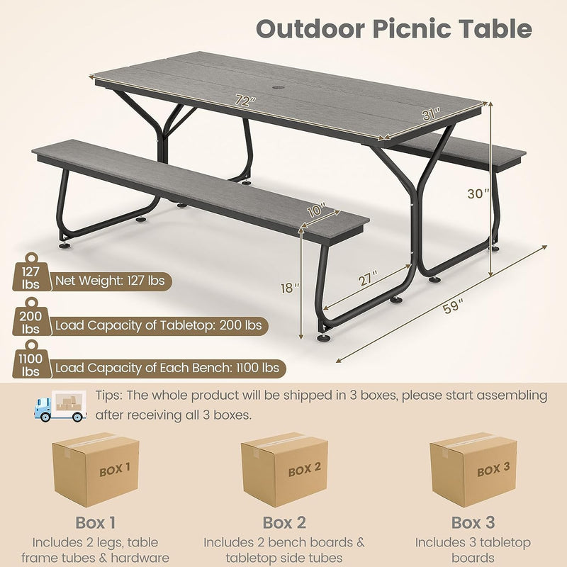 6 FT Outdoor Picnic Table Bench Set Patio Conversation Set with Umbrella Hole and HDPE Tabletop for 6-8 People