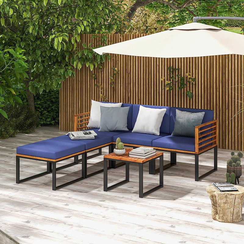 6 Piece Outdoor Acacia Wood Conversation Sofa Set Patio Furniture Set with Cushions and Ottomans