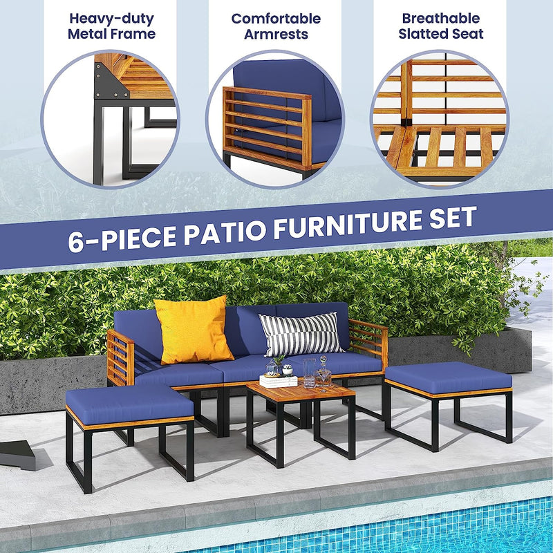 6 Piece Outdoor Acacia Wood Conversation Sofa Set Patio Furniture Set with Cushions and Ottomans