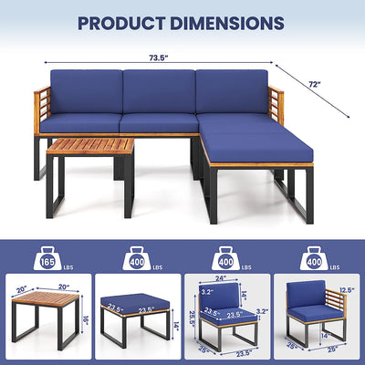 6 Piece Outdoor Acacia Wood Conversation Sofa Set Patio Furniture Set with Cushions and Ottomans