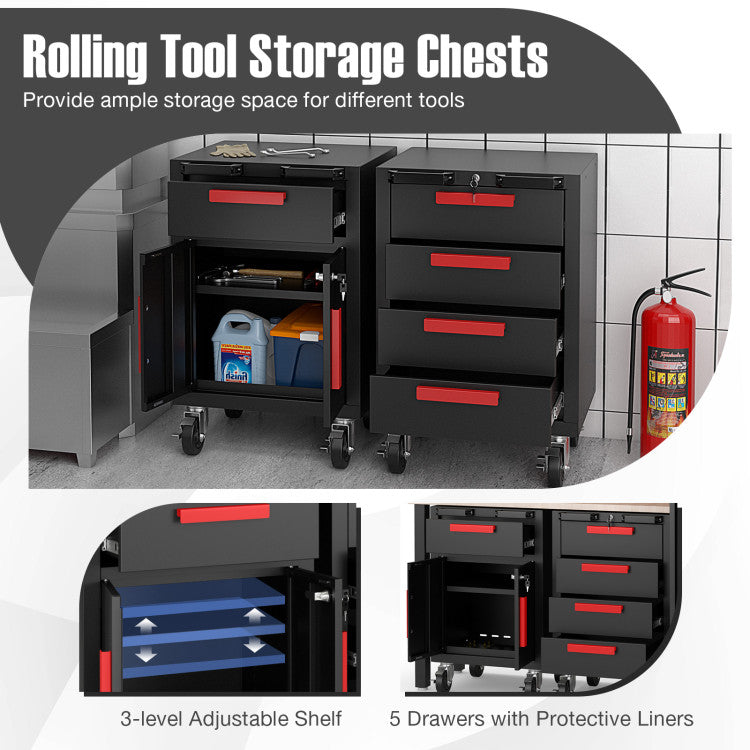 6 Pieces Garage Cabinets and Storage System Set 81.5” Tool Storage Workbench Pegboard Wall Organizer with Adjustable Shelves and Rolling Chests for Workshop