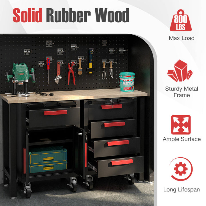 6 Pieces Garage Cabinets and Storage System Set 81.5” Tool Storage Workbench Pegboard Wall Organizer with Adjustable Shelves and Rolling Chests for Workshop