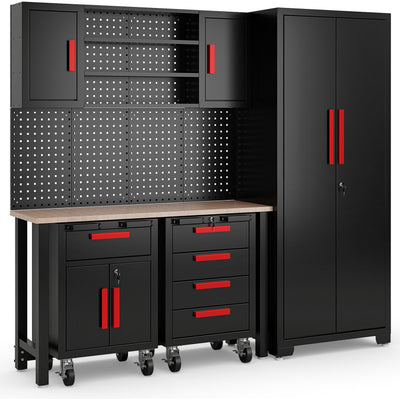 6 Pieces Garage Cabinets and Storage System Set 81.5” Tool Storage Workbench Pegboard Wall Organizer with Adjustable Shelves and Rolling Chests for Workshop