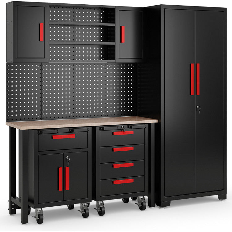 6 Pieces Garage Cabinets and Storage System Set 81.5” Tool Storage Workbench Pegboard Wall Organizer with Adjustable Shelves and Rolling Chests for Workshop