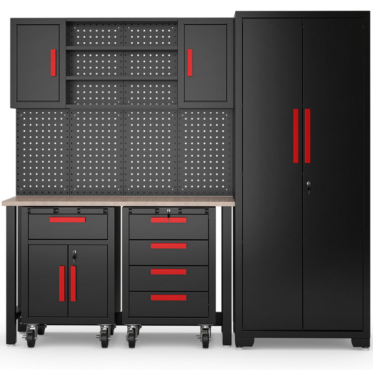 6 Pieces Garage Cabinets and Storage System Set 81.5” Tool Storage Workbench Pegboard Wall Organizer with Adjustable Shelves and Rolling Chests for Workshop