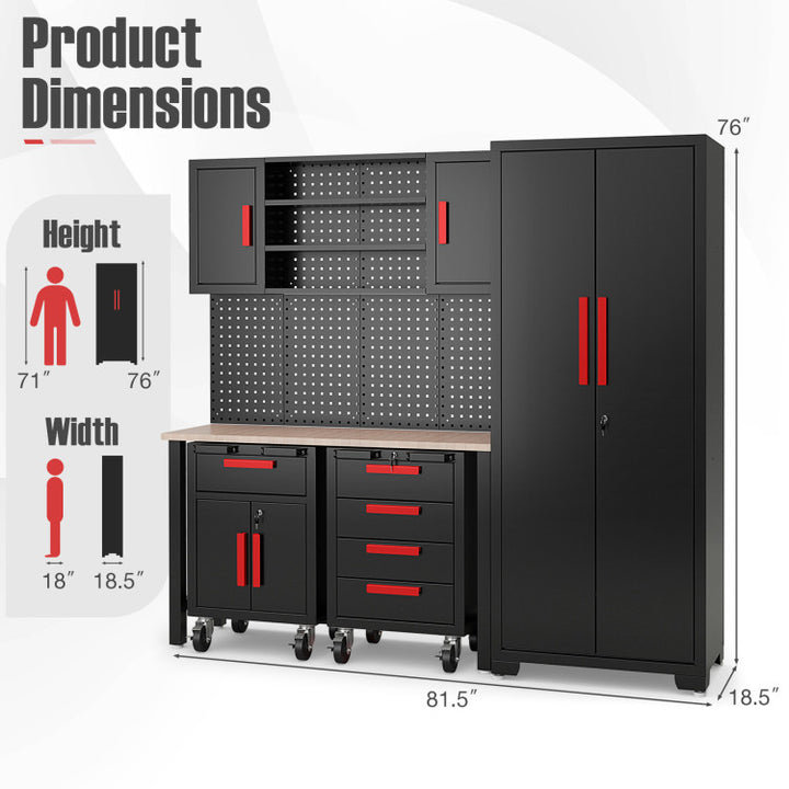 6 Pieces Garage Cabinets and Storage System Set 81.5” Tool Storage Workbench Pegboard Wall Organizer with Adjustable Shelves and Rolling Chests for Workshop
