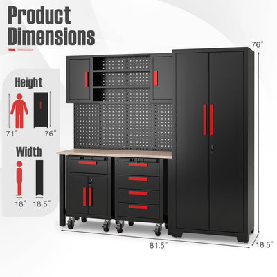 6 Pieces Garage Cabinets and Storage System Set 81.5” Tool Storage Workbench Pegboard Wall Organizer with Adjustable Shelves and Rolling Chests for Workshop