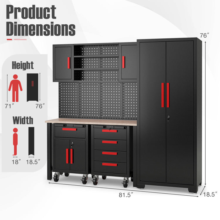 6 Pieces Garage Cabinets and Storage System Set 81.5” Tool Storage Workbench Pegboard Wall Organizer with Adjustable Shelves and Rolling Chests for Workshop