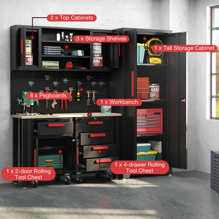 6 Pieces Garage Cabinets and Storage System Set 81.5” Tool Storage Workbench Pegboard Wall Organizer with Adjustable Shelves and Rolling Chests for Workshop